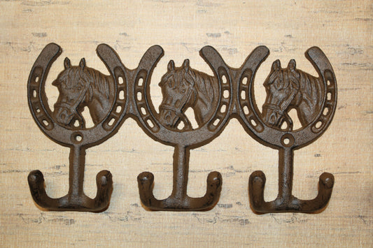 1-HORSE AND HORSESHOE WALL HOOKS,3 Double Wall Hooks,Contry Style Home Decor,Hanging Storage,W-30