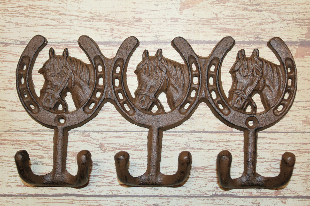 1-HORSE AND HORSESHOE WALL HOOKS,3 Double Wall Hooks,Contry Style Home Decor,Hanging Storage,W-30