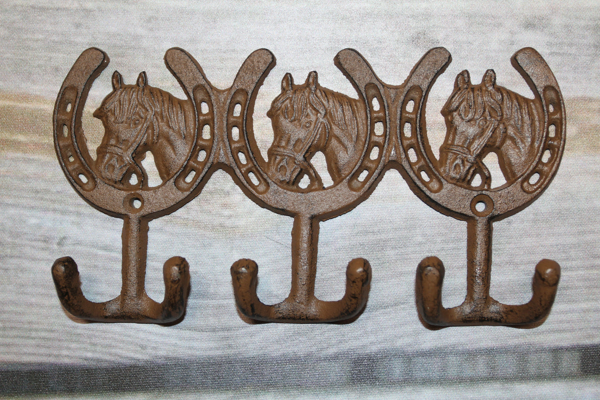 1-HORSE AND HORSESHOE WALL HOOKS,3 Double Wall Hooks,Contry Style Home Decor,Hanging Storage,W-30