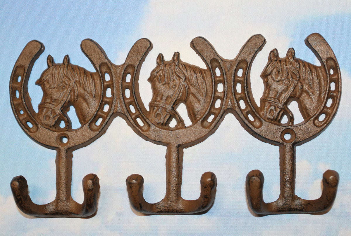 1-HORSE AND HORSESHOE WALL HOOKS,3 Double Wall Hooks,Contry Style Home Decor,Hanging Storage,W-30