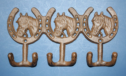 1-HORSE AND HORSESHOE WALL HOOKS,3 Double Wall Hooks,Contry Style Home Decor,Hanging Storage,W-30