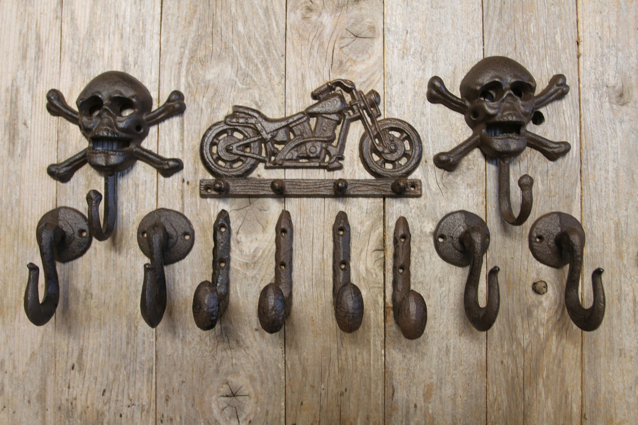 MOTORCYCLE MANIA COLLECTION /  11 Wall Hooks / Fathers Day Gift / Man Cave Decor / Motorcycle Enthusiast Gift/ Skulls /  Railroad Spike / Motorcycle / Chain Hook