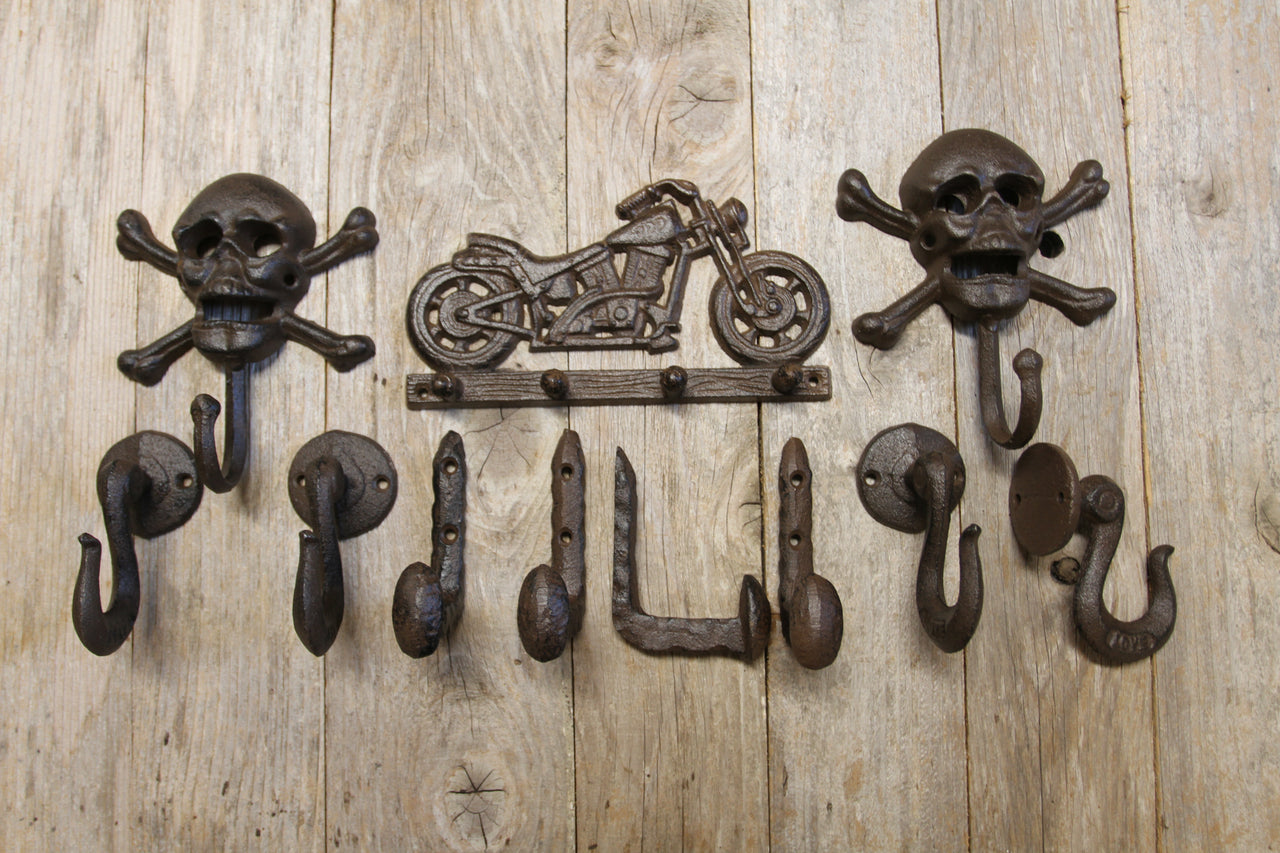 MOTORCYCLE MANIA COLLECTION /  11 Wall Hooks / Fathers Day Gift / Man Cave Decor / Motorcycle Enthusiast Gift/ Skulls /  Railroad Spike / Motorcycle / Chain Hook