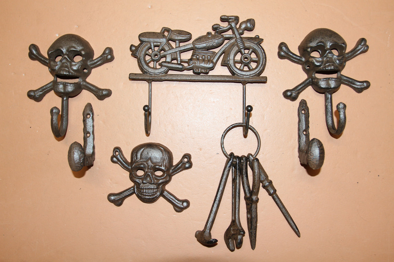 Biker Mania Collection / Wall Hooks / Biker Theme Decor / Fathers Day Gift / Craft Supply / Skulls / Motor Cycle /  Railroad Spike