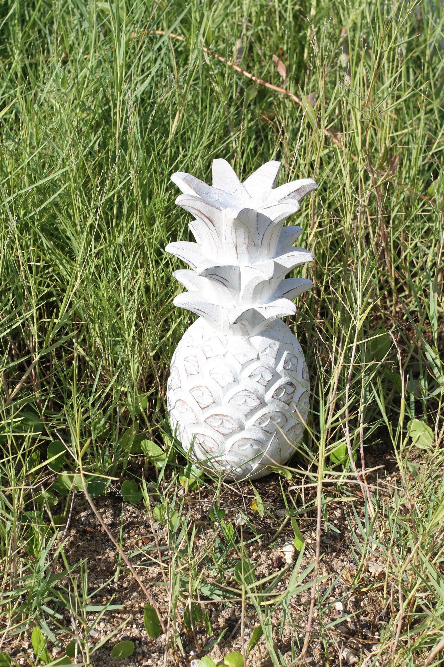 Solid Wood Very Lucky Pineapple Figurine for your island decor space! Rustic white-washed finish.