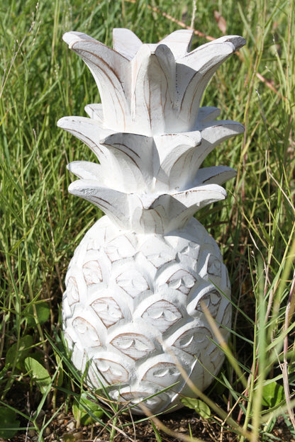 Solid Wood Very Lucky Pineapple Figurine for your island decor space! Rustic white-washed finish.