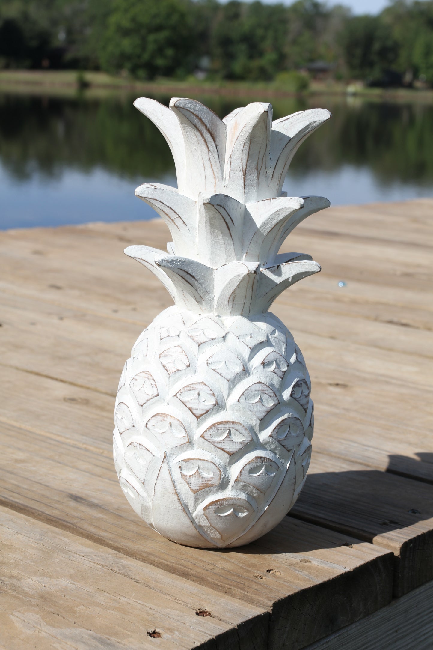 Solid Wood Very Lucky Pineapple Figurine for your island decor space! Rustic white-washed finish.