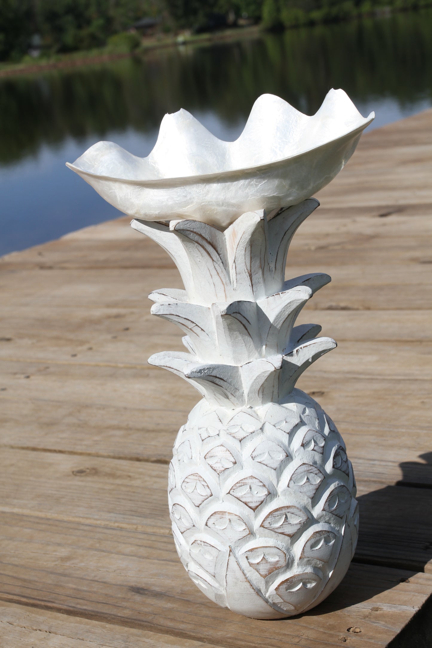 Solid Wood Very Lucky Pineapple Figurine for your island decor space! Rustic white-washed finish.