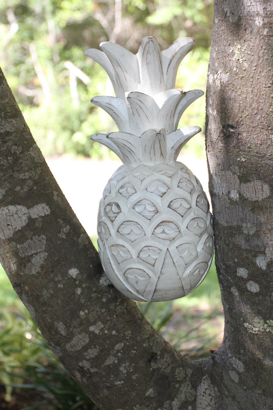 Solid Wood Very Lucky Pineapple Figurine for your island decor space! Rustic white-washed finish.