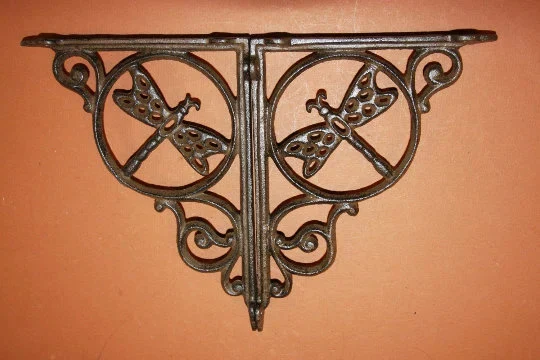 Large Dragonfly Design Solid Cast Iron Shelf Bracket for ornamental home or office shelving projects.