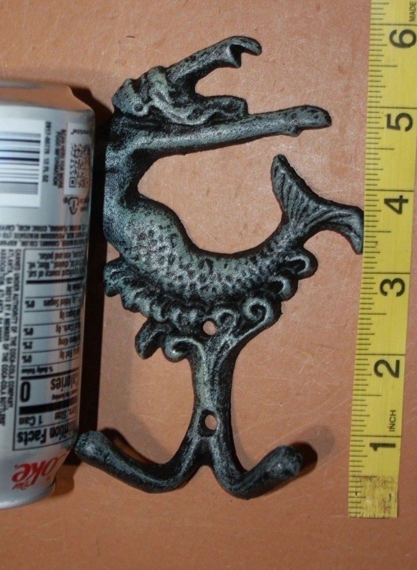 12pc Antiqued Look Mermaid Wall Hook Verdigris Style Cast Iron, 5 3/4", N-41