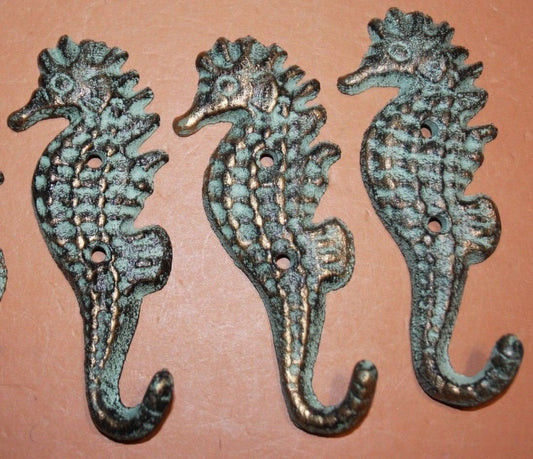 10pc) Vintage Look Seahorse Wall Hooks, Cast Iron 5 1/4 inch each, N-25