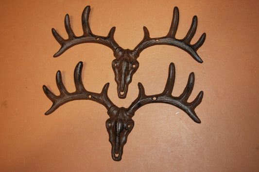 2) Deer Skull Wall Hook, 7" x 10", Dads Gift Cast iron Free Ship H-100