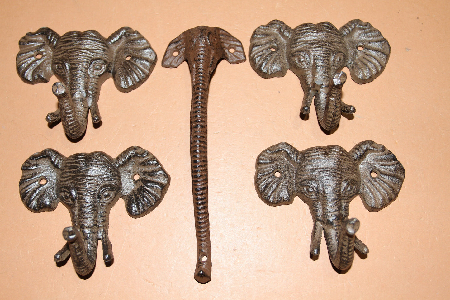 1 Elephant Door Pull and 4 Elephant Wall Hooks, Cast Iron, Free Shipping, 1 of HW-98 & 4 of H 40