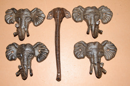 1 Elephant Door Pull and 4 Elephant Wall Hooks, Cast Iron, Free Shipping, 1 of HW-98 & 4 of H 40