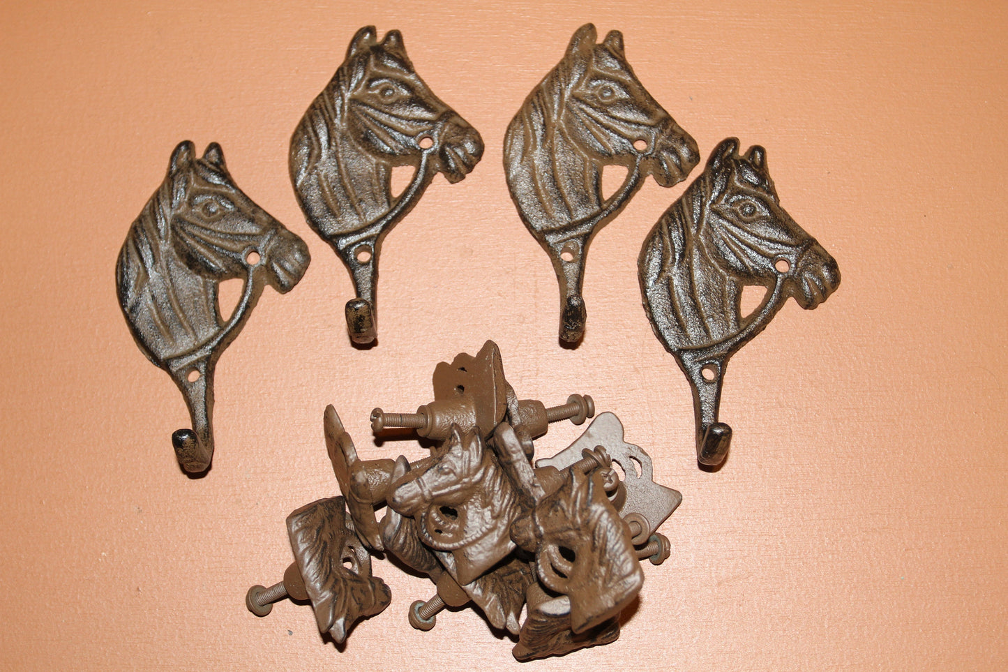 12pc) Western Horse Decor, Wall Hooks And Drawer Pulls,metal, Country Decor, Western decor.   4 of W-18, 8 of Hw-74