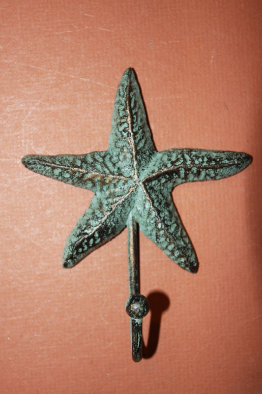 10) pcs, Bronze verdigris look starfish wall hook, 5" tall, cast iron starfish towel hook, beach house decor, beach decor, BL-52